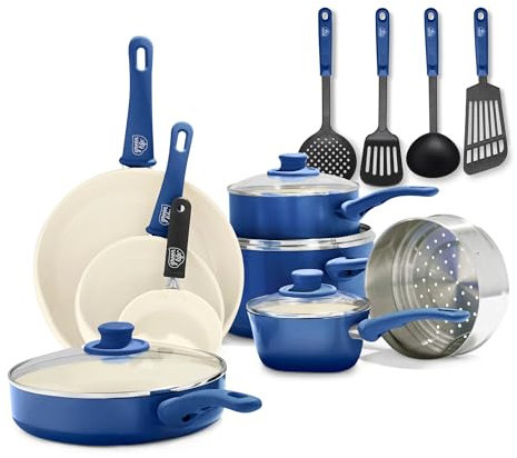 GreenLife Soft Grip Healthy Ceramic Nonstick 16 Piece Kitchen Cookware Pots and Pans Set, Includes Frying Pan Skillets Sauce and Casserole, PFAS-Free, Oven Safe, Blue