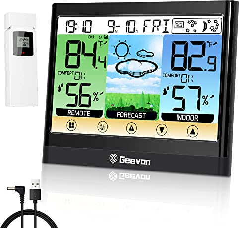 Geevon Weather Station Wireless with Outdoor Sensor, Digital Indoor Outdoor Thermometer Hygrometer with Weather Forecast, Alarm, Max/Min Record (208667 TN No MSF, Batteries)