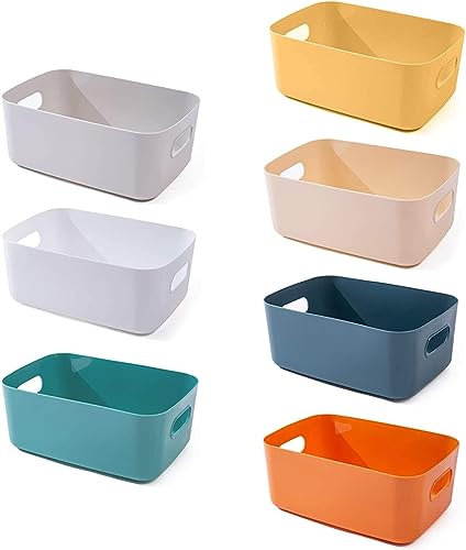OWill Lot de 7 paniers de rangement en plastique - Plusieurs couleurs pour cuisine, placard, bureau, école et maison