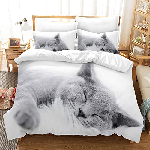 MIQEBX Parure de Lit Chat Imprimé Motif 200x200cm Mignon Chat Housse de Couette avec 2 Taies d'oreiller 3D Animal de Compagnie Imprimé Literie en Microfibre,pour Adultes Enfants Filles