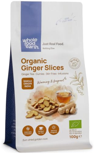 Wholefood Earth Organic Dried Ginger Slices 100 g | GMO Free | Certified Organic
