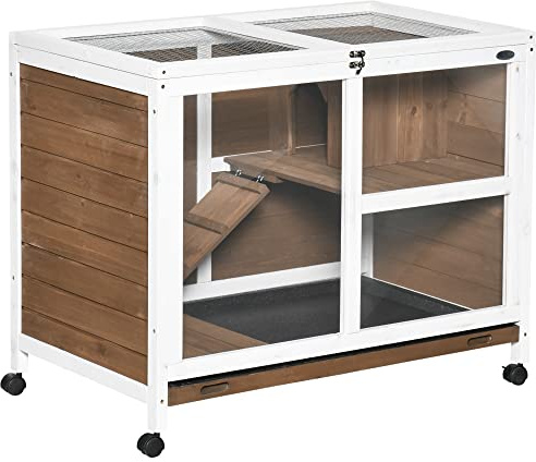 PawHut Conejera de Madera con Ruedas 91,5x53,3x73 cm Jaula para Conejos de 2 Niveles con Techo Abatible Bandeja Extraíble y Rampa Marrón