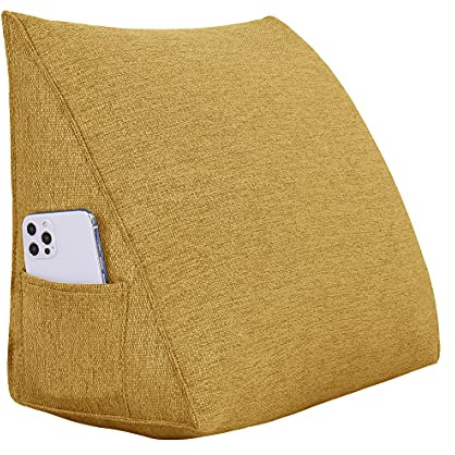 Johnear Rückenkissen Bett Keilkissen Kreieckiges Lesekissen mit Seitentasche 45cm Bücherkissen Matratzenkeil Stützkissen für Bett Sofa Sessel Wohndekoration Büro (Gelb)