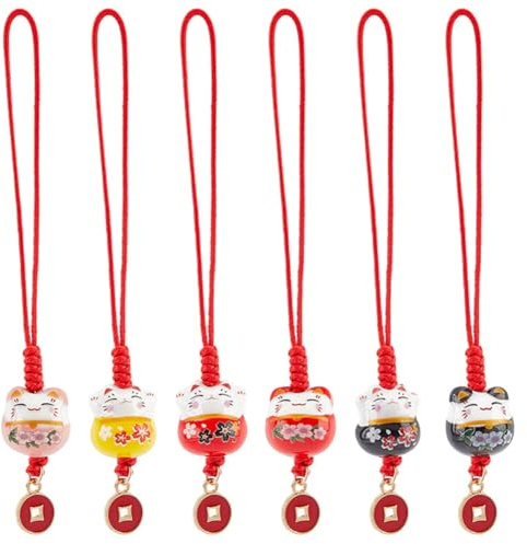 PandaHall 7 Stück Glückskatzen-Anhänger Keramik Winkende Katze Schlüsselanhänger Schlüsselanhänger Anhänger Maneki Neko Ornament Handyanhänger Mit Münzen Legierungsanhänger