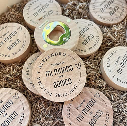 Lote 20 a 100 Abrebotellas Imantado Bambú Natural Personalizado. Detalles ecológicos para bodas, bautizos y comuniones, Abrebotellas de madera redondos, utensilios bares. (50)