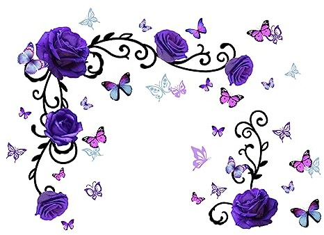 SUPERDANT Wandsticker Lila Rosen Schmetterlings Wandaufkleber Blühende Wandtattoo Wandbilder Lila Blumen Vinyl Wandsticker Für Schlafzimmer Büro Badezimmer Wohnzimmer Mädchenzimmer Dekor