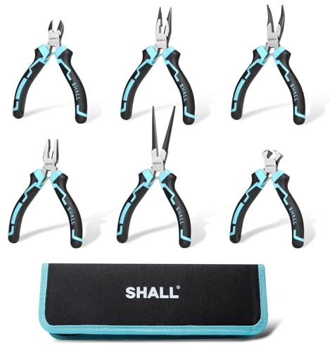 SHALL 6-Piece Mini Pliers Set with Pouch,Includes Wire Cutters, Needle-Nose Pliers, Long-Nose Pliers, Curved-Nose Pliers, Diagonal Pliers, and Electrician's Pliers.