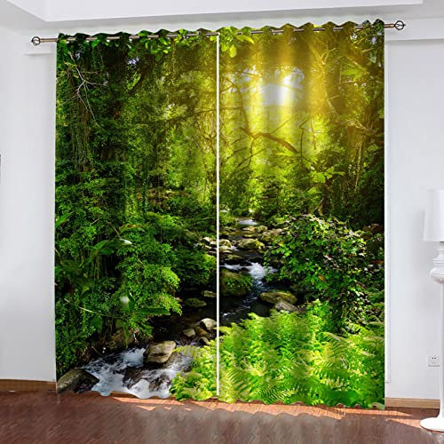 Blickdichte Vorhänge Mit Motiv 3D Grüner Wald Bachlandschaft Kinder Gardinen Blickdicht Ösen Gardine Thermo 264x214 Cm Schlafzimmer Kinderzimmer Vorhänge Dekoratives Muster, Verdunklungsvorhänge