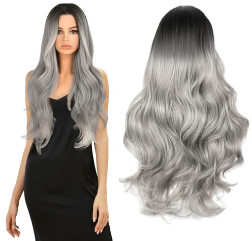 Perücke Damen, 70cm Silbergrau Perücke Frauen, Synthetische Perücke mit Haarnetz, Grau Lang Wellte Lockig Haare, Gothic Hexenperücke, Karneval Damenkostüm Zubehör, Halloween Cosplay Kostümparty