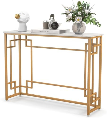 LIFEZEAL Tavolo Console Moderno, Tavolo Consolle, Effetto di Marmo, Tavolo d’Ingresso, Telaio in Metallo, Piedini Regolabili, Salvaspazio, per Corridoio, Soggiorno, Entrata, Max 30kg, 110x30x81cm, Oro