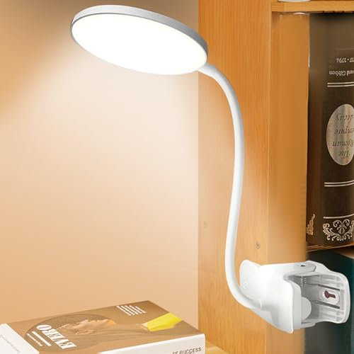 SPORWAY Lampada da Scrivania con Pinza: Lampada da Lettura LED Ricaricabile con Regolazione Touch, Collo di Cigno Flessibile a 360° Lampada Clip, 3 Colori e Dimmerabile Regolabile per Studio, Lavoro