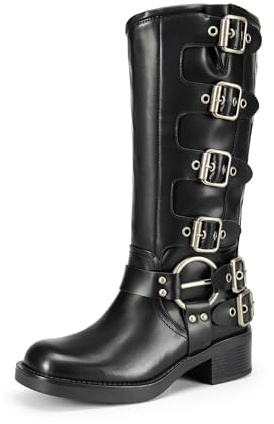 DREAM PAIRS Women's Knee High Biker Moto Boots,Black,8.5