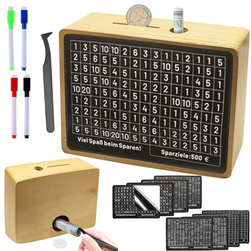 Qunkun Spardose aus Holz mit Zähler, Spardose für Kinder und Erwachsene, mit Sparzielen (500 €, 1000 €, 2000 €, 3000 €, 5000 €)