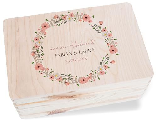 Holzkiste Erinnerungsbox - Erinnerungskiste Unsere Hochzeit mit Blumenkranz | Hochzeitskiste mit Erinnerungen | Karten Box für Hochzeit - 30x20x14 cm - Holz - wedding gifts for the couple,