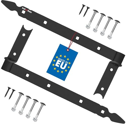 KOTARBAU® 2er Set Ladenband Kreuzgehänge 400 mm pulverbeschichteter Stahl Schwarz Türband Holztür Band Fensterladen Holz Tor Scharniere Schwerlast Torband Winkelband Türscharniere Ladenband mit Kloben