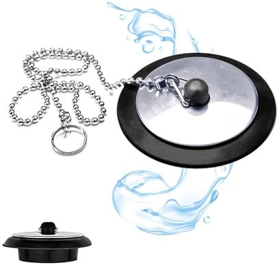 Universal Sink Plug/Bath Plug and 40cm Chain, Kitchen & Bathroom Sink Plug Replacement, Black Rubber Drain Stoppers with Stainless Steel Chain, Prevent Sewer Odour
