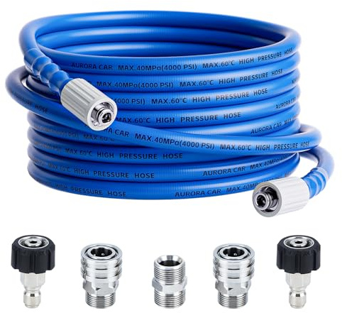AURORA CAR Manguera de lavado a presión de 25 pies x 1/4 pulgadas, resistente a torceduras con kit de conexión rápida M22-14 mm y 3/8 pulgadas, manguera de repuesto de 4000 PSI para electricidad y gas