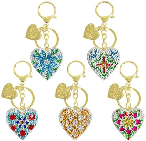 5 Stück Diamond Painting Herz Schlüsselanhänger,DIY für Erwachsene Kinder | 5D Doppelseitig Diamond Painting Bilder,Kleine Diamant,Dekoration für Taschen und Schlüsselanhänger,Geschenk für Mädche