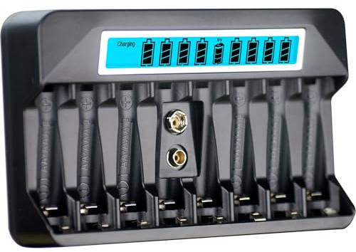 Chargeur de batterie AA AAA 9 V NiMH 9 emplacements Chargeur rapide indépendant 500 mA Charge par impulsion - Large écran LCD - Entrée USB-C 5 V