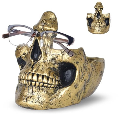 Dokeno Innovativer Totenkopf Brillenhalter, Gothik Deko für Haus und Büro, Stylischer Totenkopf Deko, Multifunktionale Aufbewahrung für Kleingegenstände, Praktischer Skull Brillenhalter, Gold