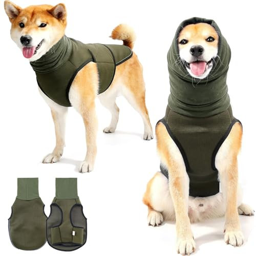 Beruhigungsweste für Hunde mit Kapuze & Reflektorstreifen – Weich & Verstellbar Atmungsaktiver Hundemantel zur Stressreduktion bei Feuerwerk, Gewitter & Reisen (Armeegrün, L)