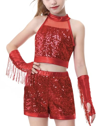 LOLANTA Disfraz de Danza con Lentejuelas para Niñas, Traje de Baile Hip Hop Jazz con Lentejuelas, Ropa de Baile para Niños con Camiseta Sin Mangas y Pantalones Cortos(Rojo, 5-6 Años, 120)