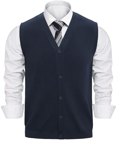 Sykooria Gilet da Uomo Elegante in Maglia con Bottoni Reali, Cardigan Senza Maniche V Neck, Casual Slim Fit per Lavoro Ufficio o Quotidiano, Blu Scuro L