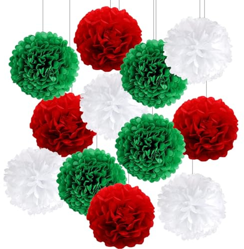 12 Stück Weihnachten Seidenpapier Pompom, Hängende Christmas Papier Fächer Papierblumenkugeln Weihnachtsdekoration Party deko Papier Wabenbälle Seidenpapier-Pompons Rot/Grün/Weiß (rot grün weiß)
