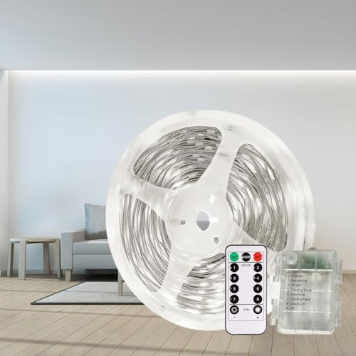 Gaoxun Tira LED a Pilas, 3m 90 LEDs Flexible Luces Pilas Adhesiva con Control Remoto, Regulable, 8 Modos, Minutero, Cortable, Impermeable Iluminación Interior para Habitación, Sala, Blanco Frío 6000K