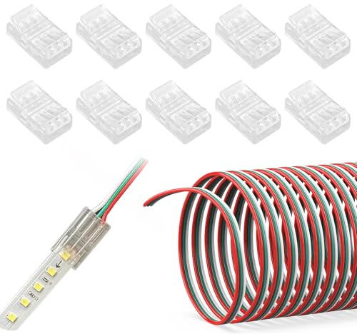 Lumitrex 10 Piezas Conectores de Tira LED 3 Pines 10MM con 22AWG Cable de Extensión de Tira LED 5 M, Kit de Conectores para Tiras LED 3 Pines Compatible con 10 mm WS2812B WS2811 5050