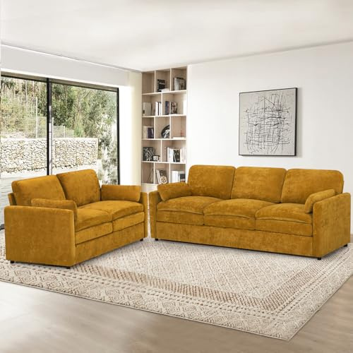 ACMEASE 2 Pieces Chenille Sofa Set w/Throw Pillows, Upholstered Loveseat & 3 Seater Sofa w/Comfortable Back Cushions, Modern 2-Seat & 3-Seat w/High-Density Foam for Living Room, Apartment, Yellow