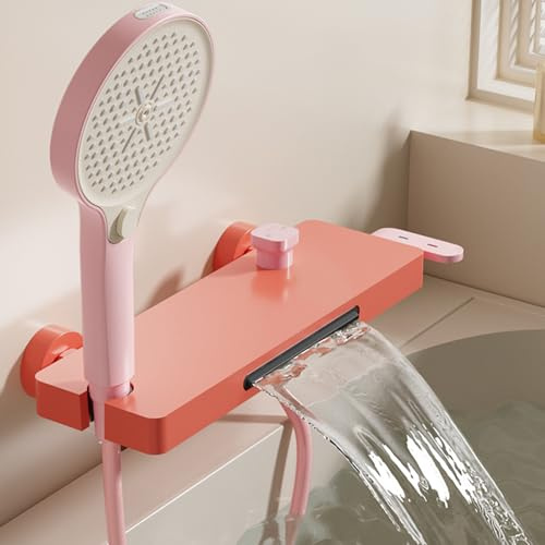 Rubinetto Vasca da Bagno con Doccetta Montaggio a Muro Rosa Monocomando Cascata Miscelatore Doccia con Deviatore in Rame,rosa