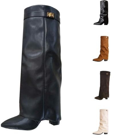 Shark Boots - Stivali da donna larghi, invernali, caldi sopra il ginocchio, in pelle scamosciata, comodi, alla moda, casual, al ginocchio, colore nero, marrone, con tacco alto, tacco alto, tacco alto