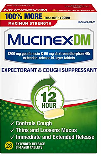Mucinex DM Maximum Strength 12-Hour Expectorant and Cough Suppressant Tablets, 28 Count