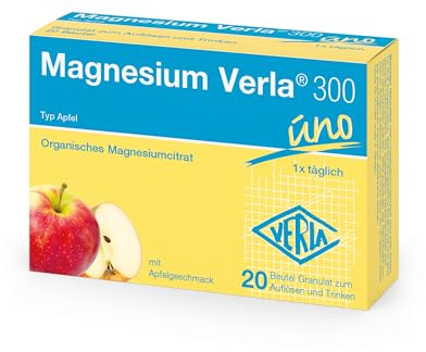 Magnesium Verla 300 Apfel – 300 mg hochdosiertes Magnesium in Form von Magnesiumcitrat, bei erhöhtem Magnesiumbedarf, als Trinkgranulat mit fruchtigem Apfelgeschmack, gluten- & laktosefrei, 20 St