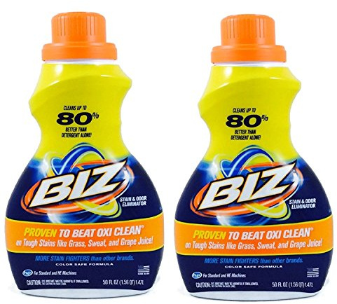 Biz Laundry Detergent Liquid Booster, Stain and Odor Eliminator for Tough Stains Like Sweat Grass and Food Grease, Best Stain Remover for Clothes, Color Safe, Bleach Free, 2 Pack, 100 fl oz Total