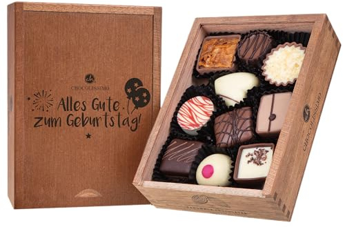 CHOCOLISSIMO - Pralinen Geschenk zum Geburtstag - Kleines Geburtstagsgeschenk für Frauen, Männer - 10 Stück in Holzbox - mit Alkohol - Alles Gute zum Geburtstag, Schokolade Geschenk, Geschenkidee