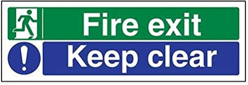VSafety Fire Exit Sign - Rigid Plastic Emergency Escape Route Marker with Keep Clear Text - Durable 300mm x 100mm Fire Extinguisher Sign, EN ISO Compliant, Green & White