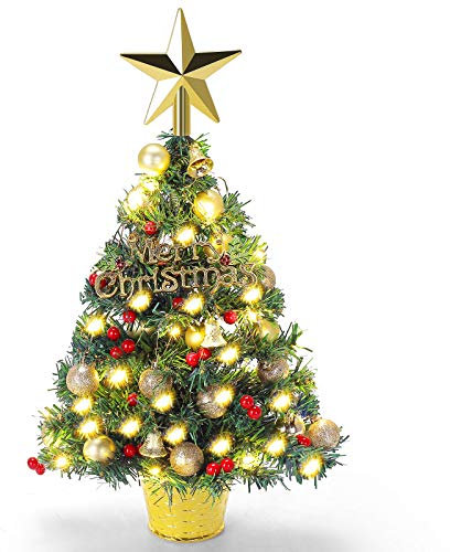 Mini Christmas Tree, 50cm Artificial Pre-lit Tabletop Small Xmas Tree with Lights, Battery Operated Desktop Ornaments Decorations,Lighted Tiny Trees for Home Kitchen Window Decor