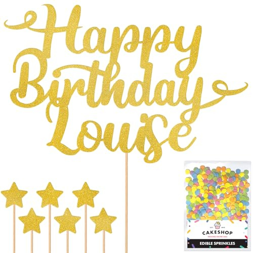 Personalised Happy Birthday Glitter Cake Topper - Gold Any Name Glitter Cake Decoration and Sprinkles - Happy Birthday Decorations - Personalised Toppers for Cakes by Cakeshop