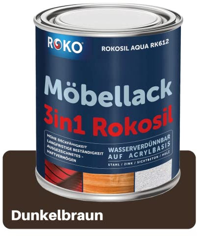 ROKO Möbellack - 3,6 Kg Dunkelbraun - 3in1 Möbelfarbe auf Wasserbasis - Seidenmatt - Für Holz, Metall & Kunststoff