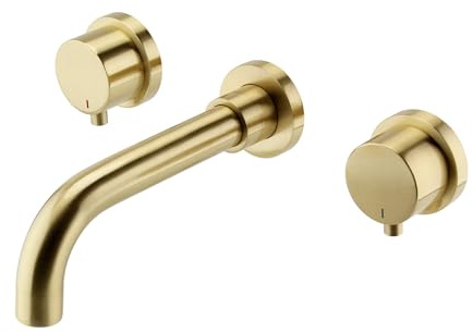 ENKI BT0905 Zara Wall Mounted Twin Lever Basin Mixer Tap, Brushed Brass | Solid Brass, Easy Install, Fittings Included, Cloakroom Tap, Single Lever, Modern Bathroom