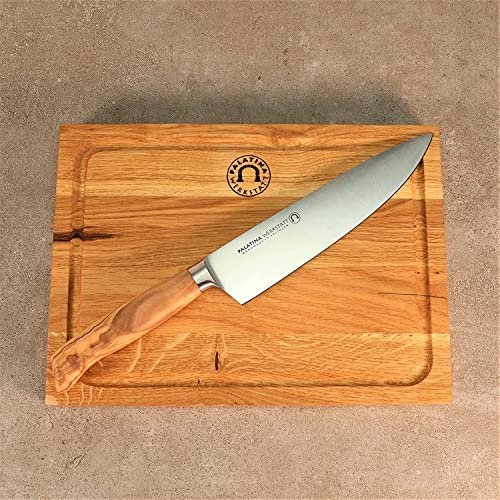 Palatina Werkstatt Messerserie, Kochmesser mit massivem Olivenholzgriff, 21 cm Klinge aus rostfreiem Edelstahl + 30x22 cm Eichenbrett VK: 135,90 €