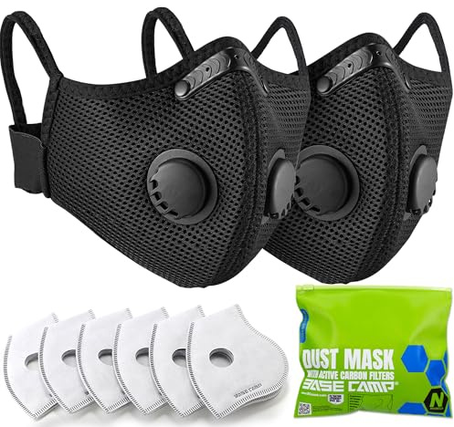 BASE CAMP Upgrade M Plus Dust Mask 2 Pack, Breathable Reusable Dust Face Mask with 6 Activated Carbon Filters for Woodworking Construction Mowing Grinding