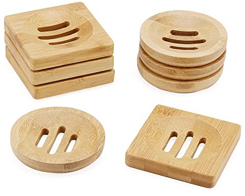 JAPCHET 8 Pack Bamboo Soap Dish - Natural Wooden Square & Round Soap Dish Bathroom Storage Holder for Shower, Home, Toilet, Kitchen, Hotel