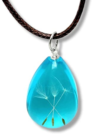 Generisch „Wunschblume“ Halskette für Damen | Echte Pusteblume Samen in Kunstharz Anhänger (Tropfenform) | Boho Schmuck mit gewachster Baumwollkordel | Geschenkidee mit Bedeutung (Himmelblau)