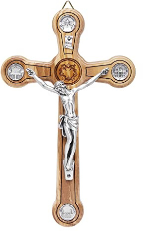 Mondo Cattolico Gesegnetes handgefertigtes Olivenholz dekoratives Kruzifix mit Jesus-Krone der Dornen und den vier römischen Basilika-Medaillen.