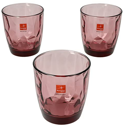 Bormioli Rocco 3er Set Diamond Whiskyglas Rock Purple I 305ml I Ø8,5cm I Diamant-Struktur I Bodeneis I lila Trinkgläser für Wasser, Limo, Saft & Co, Whiskey-Tumbler, Cocktail-Glas, Old Fashioned Glass