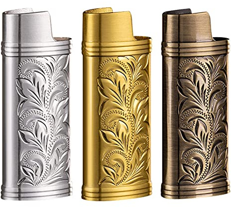 Vintage Feuerzeughüllen für Mini BIC Feuerzeug, Tragbare Feuerzeug Abdeckung Metall Retro Feuerzeugkoffer Abdeckung mit Kette Gravur Wiederverwendbare Feuerzeughülle Regular Feuerzeuge, 6cmx2.4cm