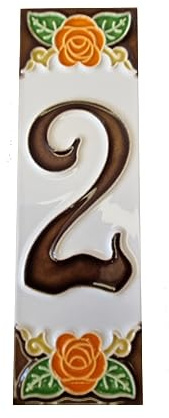 Piastrelle in ceramica con numero 2, dipinte a mano, con numero 2, 15 x 4,8 cm